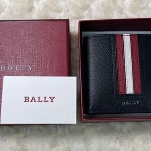 New Bally Bi-fold Black Wallet with Red and White Stripes